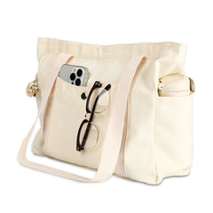 Canvas Tote Bag Multiple Pockets Durable Canvas Zipper Closure Spacious Design - Beige - Size 13.7in*11.2in*5.5in