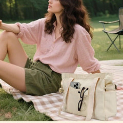 Canvas Tote Bag Multiple Pockets Durable Canvas Zipper Closure Spacious Design - Beige - Size 13.7in*11.2in*5.5in