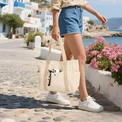 Canvas Tote Bag Multiple Pockets Durable Canvas Zipper Closure Spacious Design - Beige - Size 13.7in*11.2in*5.5in