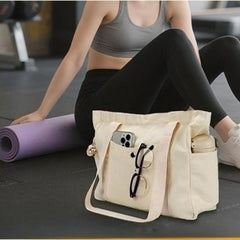 Canvas Tote Bag Multiple Pockets Durable Canvas Zipper Closure Spacious Design - Beige - Size 13.7in*11.2in*5.5in