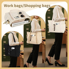 Canvas Tote Bag Multiple Pockets Durable Canvas Zipper Closure Spacious Design - Beige - Size 13.7in*11.2in*5.5in