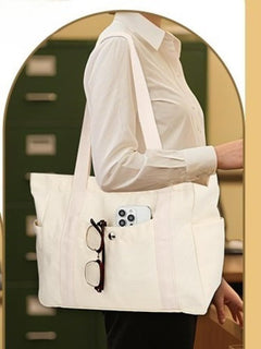 Canvas Tote Bag Multiple Pockets Durable Canvas Zipper Closure Spacious Design - Beige - Size 13.7in*11.2in*5.5in