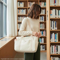 Canvas Tote Bag Multiple Pockets Durable Canvas Zipper Closure Spacious Design - Beige - Size 13.7in*11.2in*5.5in