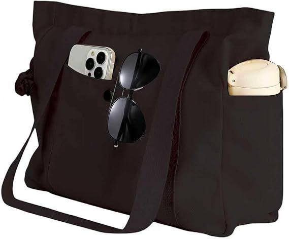 Canvas Tote Bag Multiple Pockets Durable Canvas Zipper Closure Spacious Design - Black - Size 13.7in*11.2in*5.5in