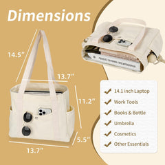 Canvas Tote Bag Multiple Pockets Durable Canvas Zipper Closure Spacious Design - Black - Size 13.7in*11.2in*5.5in