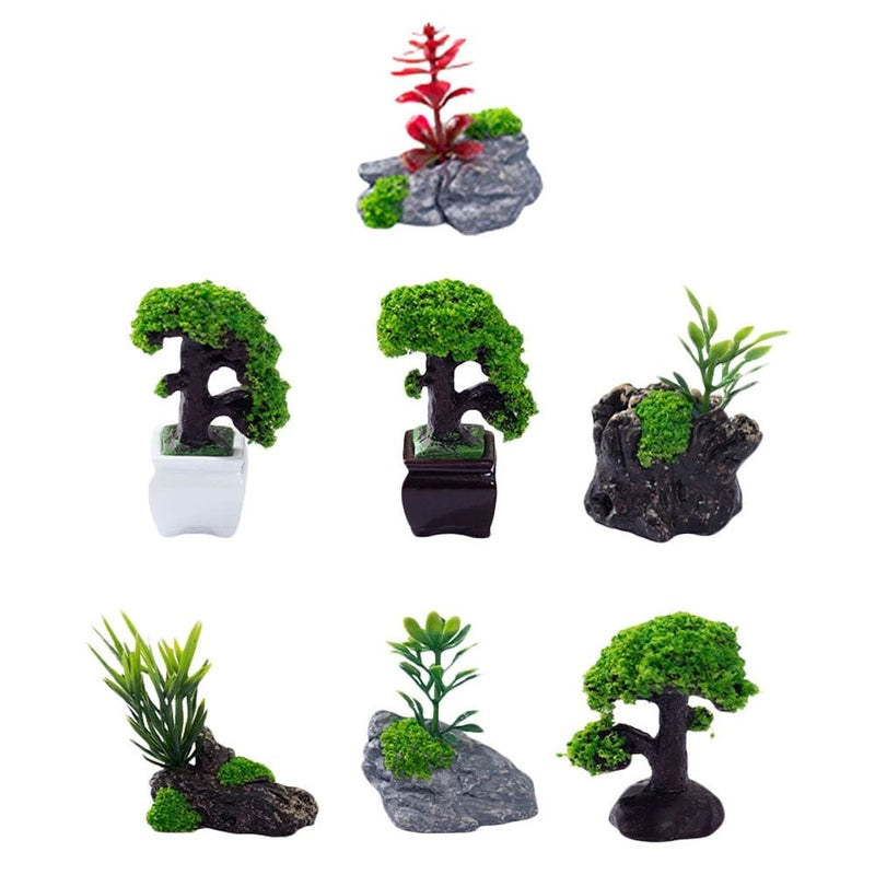 7-Piece Miniature Artificial Bonsai Trees for , Landscape, Railroad Scenery, Potted Plant Decor