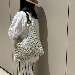Stylish Paper Rope Crochet Woven Shoulder Bag, Solid Beige Versatile Straw Handbag, Holiday Beach Travel Tote, Christmas Halloween Vacation Fashion Gift