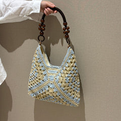 Trendy Handmade Crochet Straw Shoulder Bag, Solid Brown Paper Rope Woven Purse, Ideal for Beach Getaway & Daily Outing, Christmas Halloween Casual Fashion Present