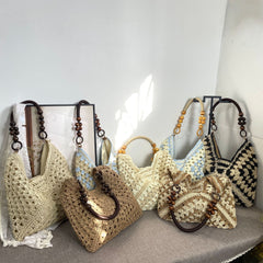 Versatile Paper Rope Woven Vacation Shoulder Bag, Brown Mixed Color Crochet Straw Handbag, Chic Beach Travel Accessory, Christmas Halloween Holiday Gift for Her