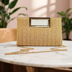 Summer versatile horizontal square woven bag, lightweight and durable polyester, magnetic closure with metal handle, detachable chain, perfect for commute and vacation.*apricot