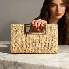 Summer versatile horizontal square woven bag, lightweight and durable polyester, magnetic closure with metal handle, detachable chain, perfect for commute and vacation.*apricot