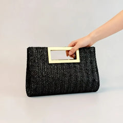 Summer versatile horizontal square woven bag, lightweight and durable polyester, magnetic closure with metal handle, detachable chain, perfect for commute and vacation.*apricot