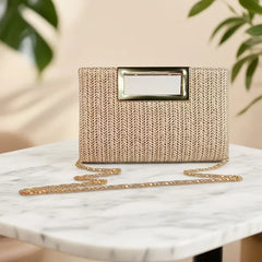 Summer versatile horizontal square woven bag, lightweight and durable polyester, magnetic closure with metal handle, detachable chain, perfect for commute and vacation.*apricot