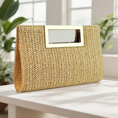 Summer versatile horizontal square woven bag, lightweight and durable polyester, magnetic closure with metal handle, detachable chain, perfect for commute and vacation.*apricot
