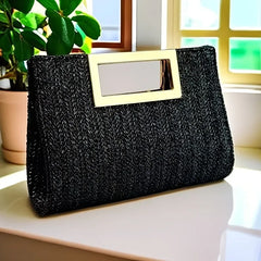 Summer versatile horizontal square woven bag, lightweight and durable polyester, magnetic closure with metal handle, detachable chain, perfect for commute and vacation.*apricot