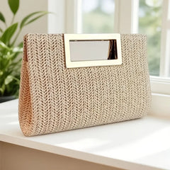 Summer versatile horizontal square woven bag, lightweight and durable polyester, magnetic closure with metal handle, detachable chain, perfect for commute and vacation.*black