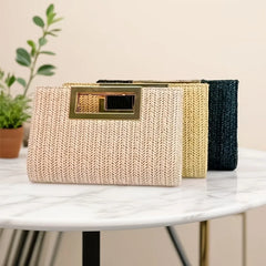 Summer versatile horizontal square woven bag, lightweight and durable polyester, magnetic closure with metal handle, detachable chain, perfect for commute and vacation.*Ginger