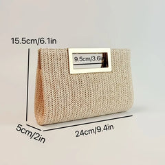 Summer versatile horizontal square woven bag, lightweight and durable polyester, magnetic closure with metal handle, detachable chain, perfect for commute and vacation.*Ginger