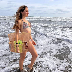 Summer large-capacity hollow mesh beach tote bag, lightweight and quick-drying polyester, versatile design with multiple interior and exterior pockets, perfect for family vacation, commute, and shopping.*pink