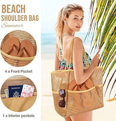 Summer large-capacity hollow mesh beach tote bag, lightweight and quick-drying polyester, versatile design with multiple interior and exterior pockets, perfect for family vacation, commute, and shopping.*pink
