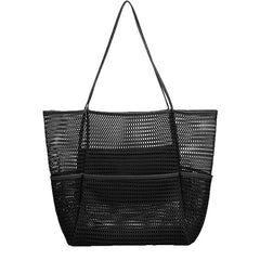 Summer large-capacity hollow mesh beach tote bag, lightweight and quick-drying polyester, versatile design with multiple interior and exterior pockets, perfect for family vacation, commute, and shopping.*pink