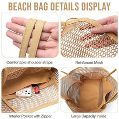 Summer large-capacity hollow mesh beach tote bag, lightweight and quick-drying polyester, versatile design with multiple interior and exterior pockets, perfect for family vacation, commute, and shopping.*black