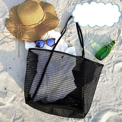 Summer large-capacity hollow mesh beach tote bag, lightweight and quick-drying polyester, versatile design with multiple interior and exterior pockets, perfect for family vacation, commute, and shopping.*black