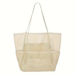 Summer large-capacity hollow mesh beach tote bag, lightweight and quick-drying polyester, versatile design with multiple interior and exterior pockets, perfect for family vacation, commute, and shopping.*creamy white
