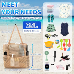 Summer large-capacity hollow mesh beach tote bag, lightweight and quick-drying polyester, versatile design with multiple interior and exterior pockets, perfect for family vacation, commute, and shopping.*creamy white