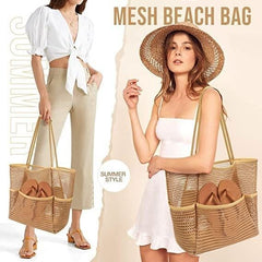 Summer large-capacity hollow mesh beach tote bag, lightweight and quick-drying polyester, versatile design with multiple interior and exterior pockets, perfect for family vacation, commute, and shopping.*creamy white