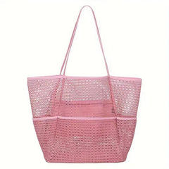 Summer large-capacity hollow mesh beach tote bag, lightweight and quick-drying polyester, versatile design with multiple interior and exterior pockets, perfect for family vacation, commute, and shopping.*creamy white