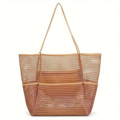 Summer large-capacity hollow mesh beach tote bag, lightweight and quick-drying polyester, versatile design with multiple interior and exterior pockets, perfect for family vacation, commute, and shopping.*creamy white