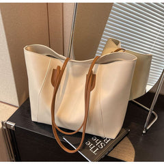 Large Capacity Commuter Tote Bag for Women, PU Color-Block Handbag & Shoulder Bag(creamy white)