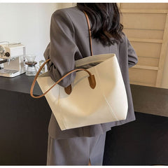 Large Capacity Commuter Tote Bag for Women, PU Color-Block Handbag & Shoulder Bag(creamy white)