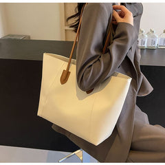 Large Capacity Commuter Tote Bag for Women, PU Color-Block Handbag & Shoulder Bag(creamy white)