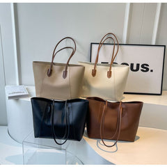 Large Capacity Commuter Tote Bag for Women, PU Color-Block Handbag & Shoulder Bag(creamy white)
