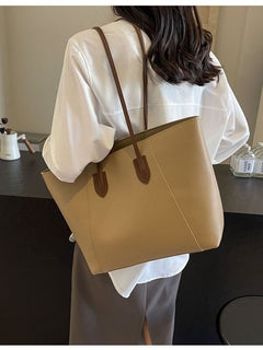 Large Capacity Commuter Tote Bag for Women, PU Color-Block Handbag & Shoulder Bag(creamy white)