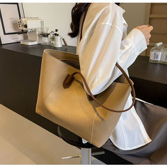 Large Capacity Commuter Tote Bag for Women, PU Color-Block Handbag & Shoulder Bag(creamy white)