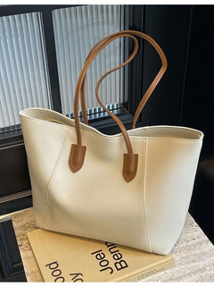 Large Capacity Commuter Tote Bag for Women, PU Color-Block Handbag & Shoulder Bag(creamy white)