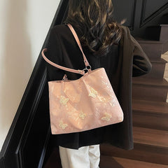 New Chinese jacquard butterfly tote bag, exquisite floral & 3D butterfly, lightweight & large capacity, handheld & shoulder carry.(pink)