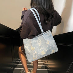 New Chinese jacquard butterfly tote bag, exquisite floral & 3D butterfly, lightweight & large capacity, handheld & shoulder carry.(BLUE)
