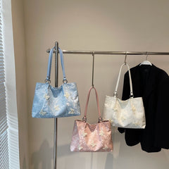 New Chinese jacquard butterfly tote bag, exquisite floral & 3D butterfly, lightweight & large capacity, handheld & shoulder carry.(BLUE)