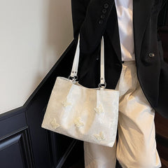 New Chinese jacquard butterfly tote bag, exquisite floral & 3D butterfly, lightweight & large capacity, handheld & shoulder carry.(creamy white)