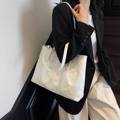 New Chinese jacquard butterfly tote bag, exquisite floral & 3D butterfly, lightweight & large capacity, handheld & shoulder carry.(creamy white)