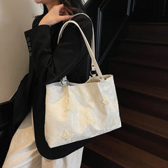 New Chinese jacquard butterfly tote bag, exquisite floral & 3D butterfly, lightweight & large capacity, handheld & shoulder carry.(creamy white)