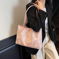 New Chinese jacquard butterfly tote bag, exquisite floral & 3D butterfly, lightweight & large capacity, handheld & shoulder carry.(creamy white)
