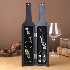 5 Piece Wine Opener Set With Corkscrew Foil Cutter Pourer Drip Ring And Bottle Stopper, Gift Kit For Wine Lovers, Black Bottle Case