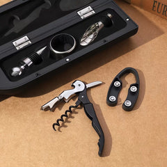 5 Piece Wine Opener Set With Corkscrew Foil Cutter Pourer Drip Ring And Bottle Stopper, Gift Kit For Wine Lovers, Black Bottle Case