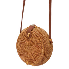 Handwoven Round Rattan Bag Tropical Beach Style Woven Shoulder Rattan Bag with Leather Strap 20cm Diameter Natural Color Oval with Lining