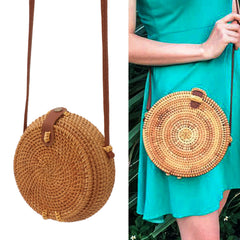 Handwoven Round Rattan Bag Tropical Beach Style Woven Shoulder Rattan Bag with Leather Strap 20cm Diameter Natural Color Oval with Lining